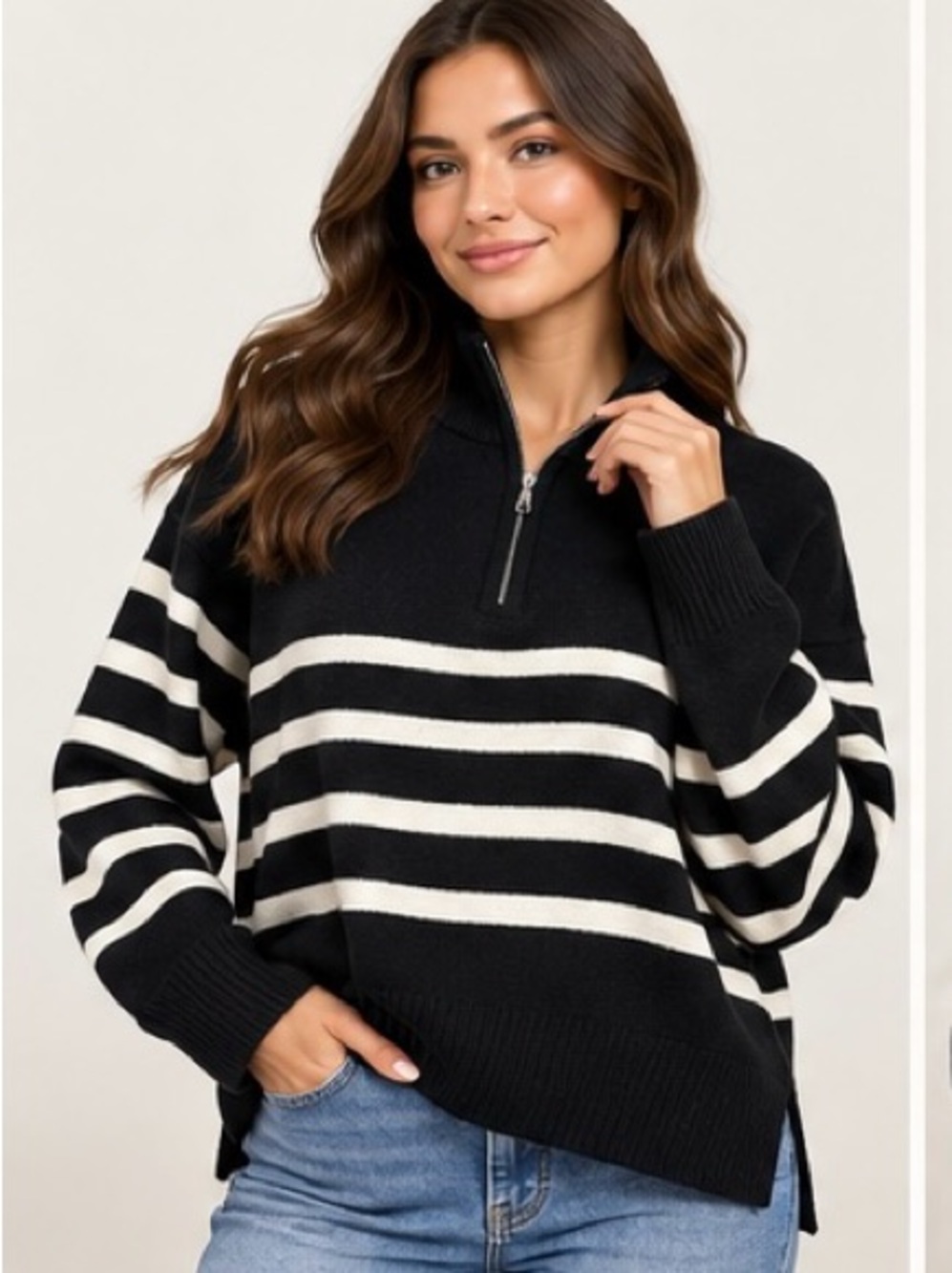 DKNY Women's Quarter ZipTurtle Neck Sweater Black Stripe Size XXL